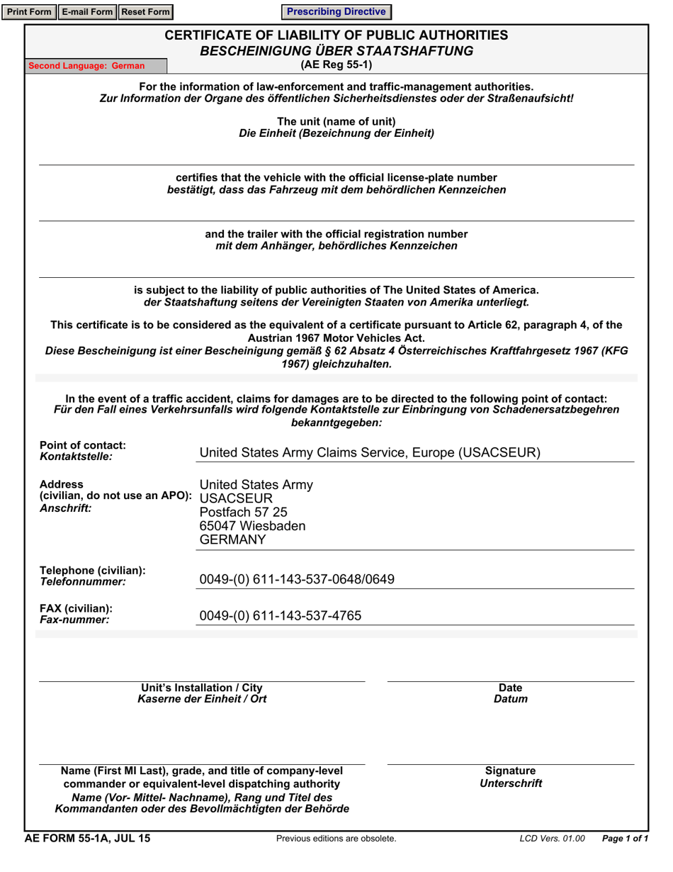 AE Form 55-1A Certificate of Liability of Public Authorities (English / Italian / French / German), Page 1
