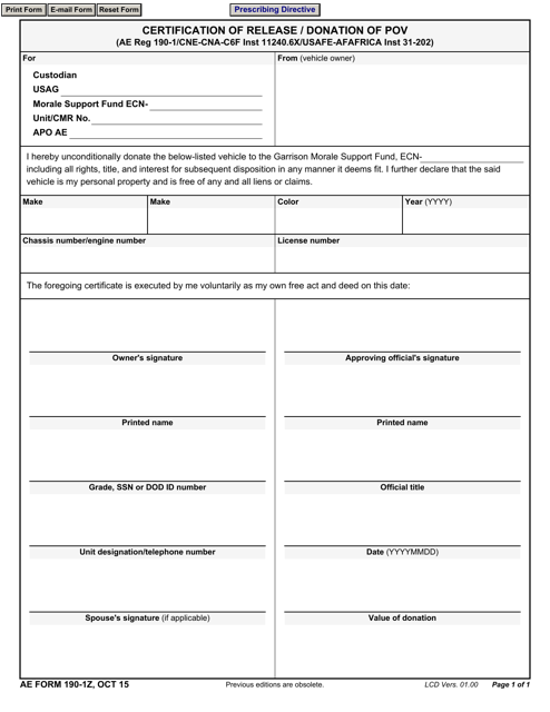 AE Form 190-1Z Certification of Release / Donation of Pov