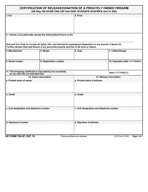 AE Form 190-6F Certification of Release/Donation of Privately Owned Firearm