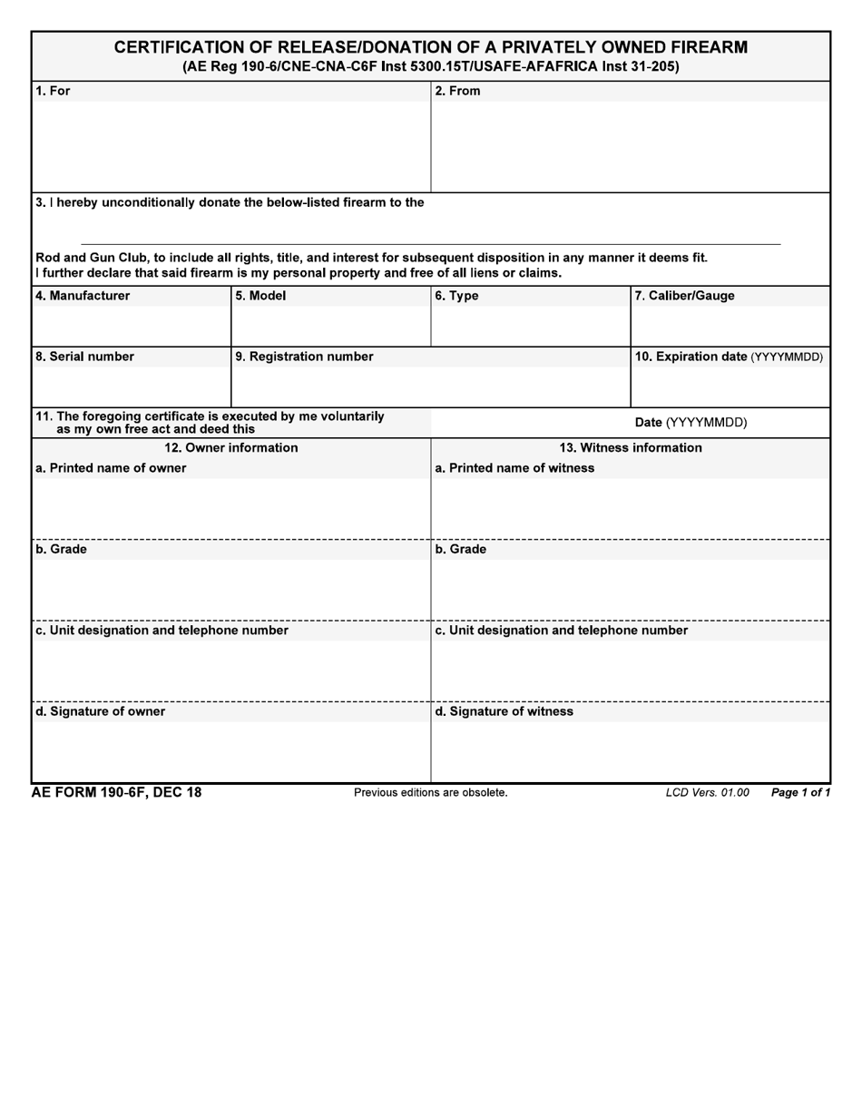 AE Form 190-6F Certification of Release / Donation of Privately Owned Firearm, Page 1