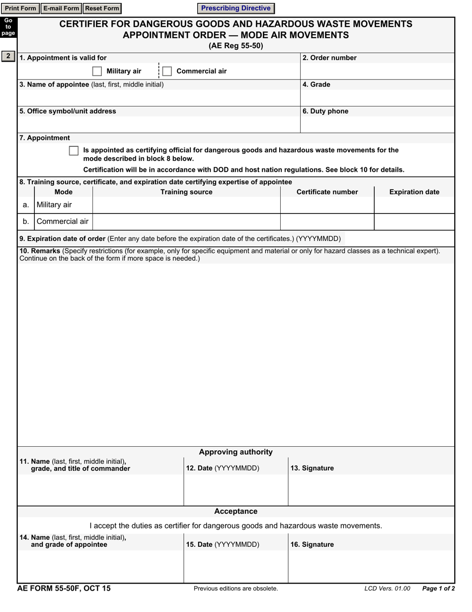 AE Form 55-50F Certifier for Dangerous Goods and Hazardous Waste Movements Appointment Order - Mode Air Movements, Page 1