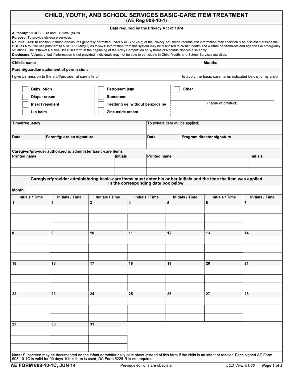 AE Form 608-10-1C Child Youth and School Services Basic-Care Item Treatment, Page 1