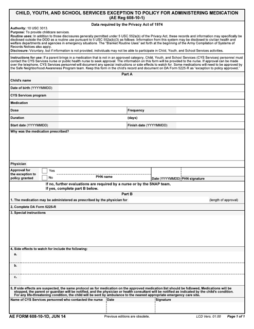 AE Form 608-10-1D Child Youth and School Services Exception to Policy for Administering Medication