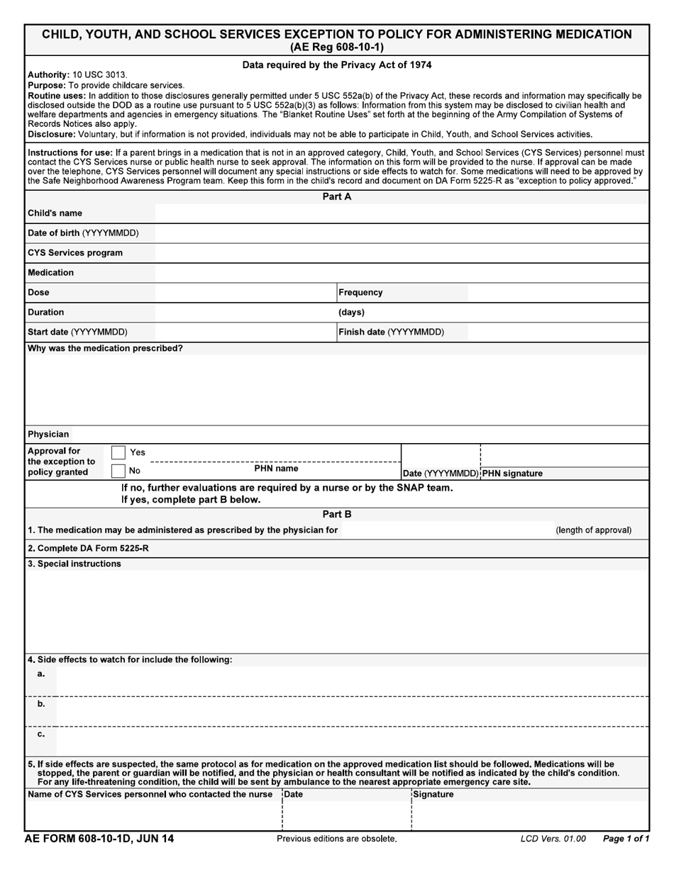 AE Form 608-10-1D Child Youth and School Services Exception to Policy for Administering Medication, Page 1