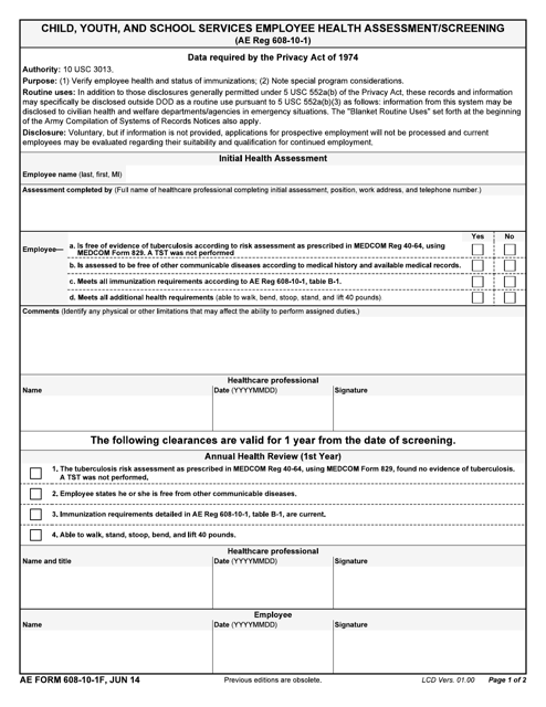AE Form 608-10-1F Child Youth and School Services Employee Health Assessment/Screening
