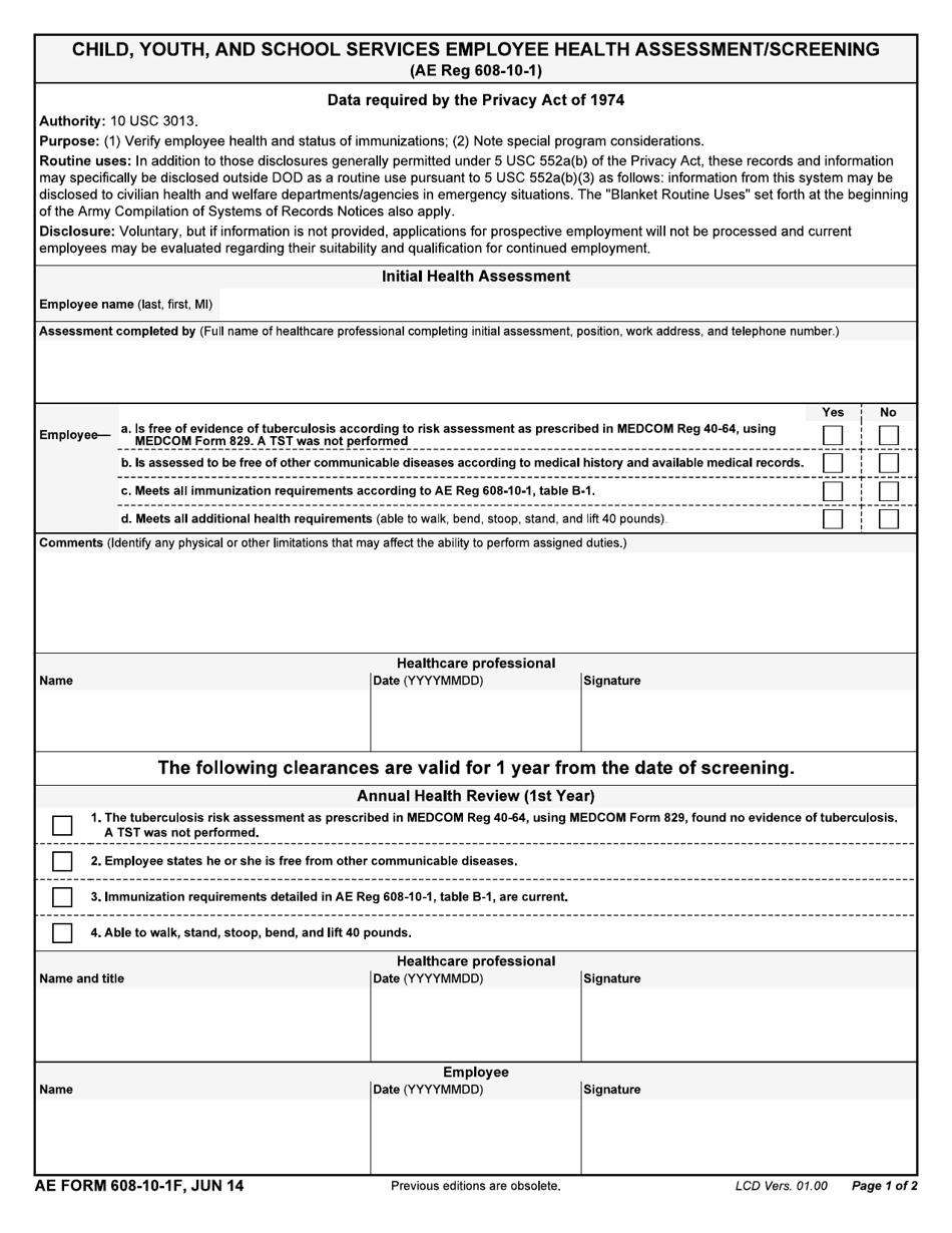 AE Form 608-10-1F Child Youth and School Services Employee Health Assessment / Screening, Page 1