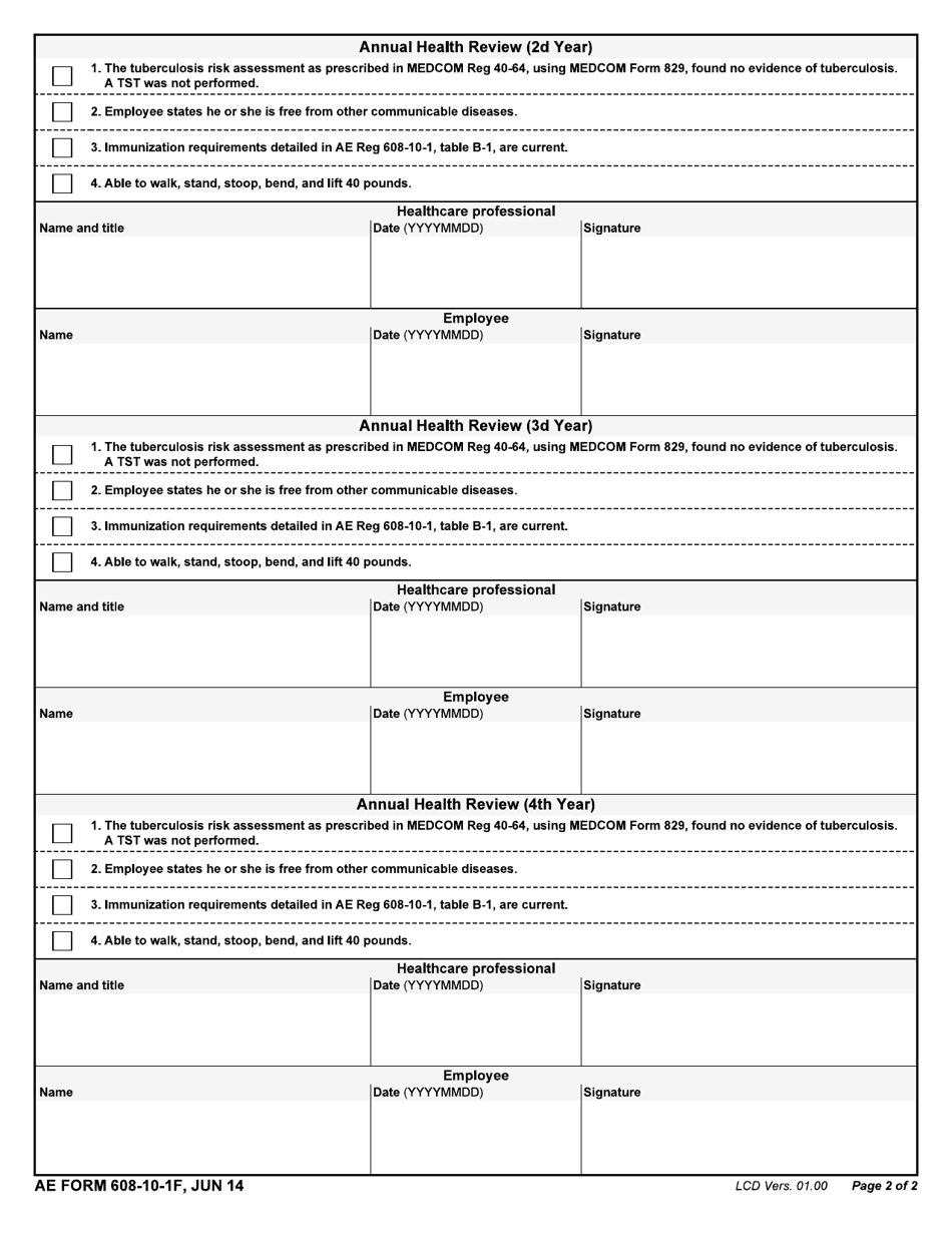 AE Form 608-10-1F Child Youth and School Services Employee Health Assessment / Screening, Page 2