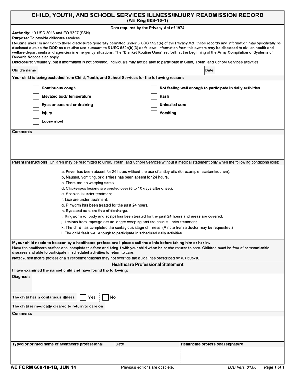 AE Form 608-10-1B Child Youth and School Services Illness / Injury Readmission Record, Page 1