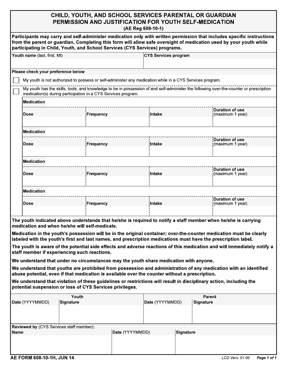 AE Form 608-10-1H Child Youth and School Services Parental or Guardian Permission and Justification for Youth Self-medication, Page 1