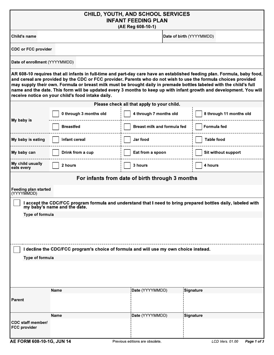 AE Form 608-10-1G Child Youth and School Services Infant Feeding Plan, Page 1