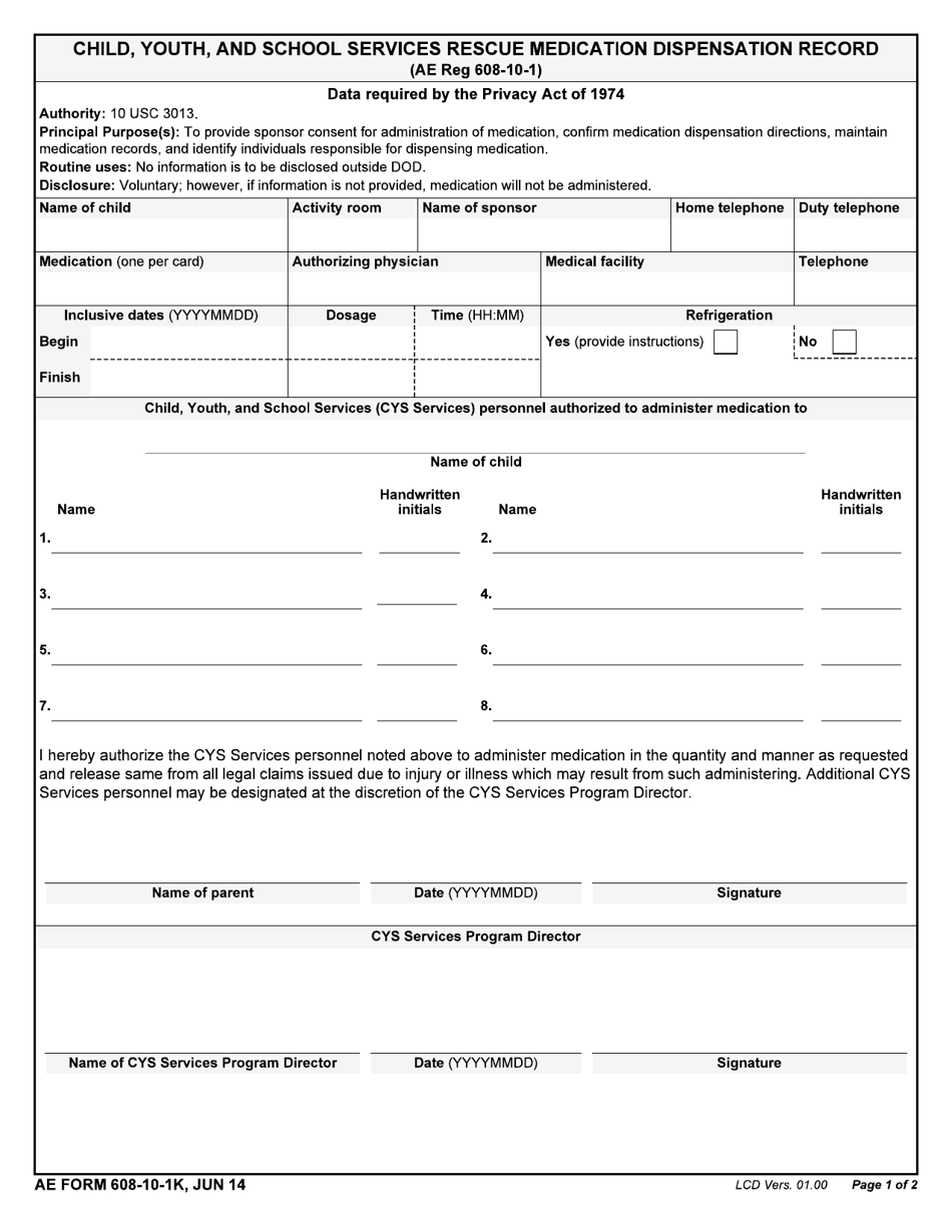 AE Form 608-10-1K Child Youth and School Services Rescue Medication Dispensation Record, Page 1