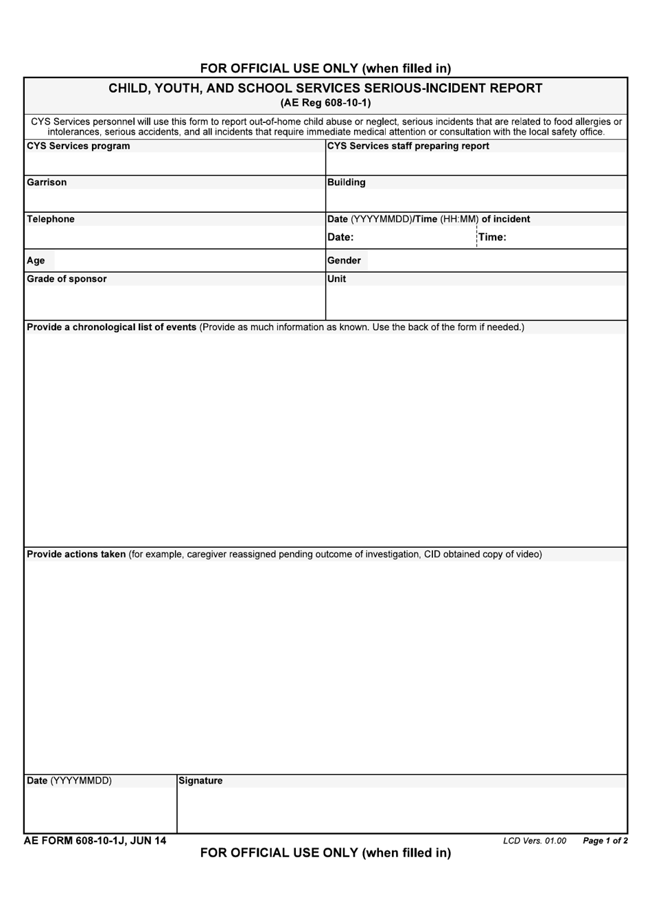 AE Form 608-10-1J Child Youth and School Services Serious-Incident Report, Page 1