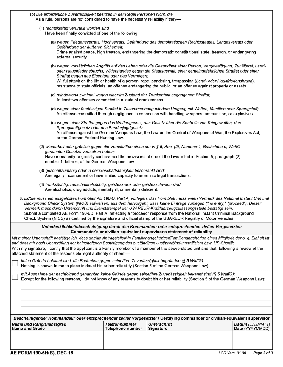 AE Form 190-6H(B) Commanders Statement of Reliabiilty (English / German), Page 2