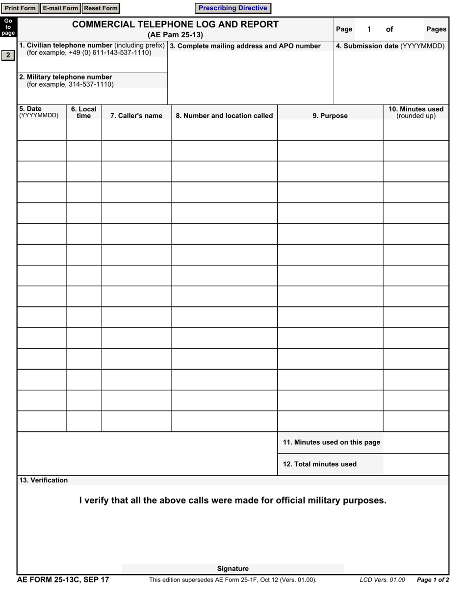 AE Form 25-13C Commercial Telephone Log and Report, Page 1