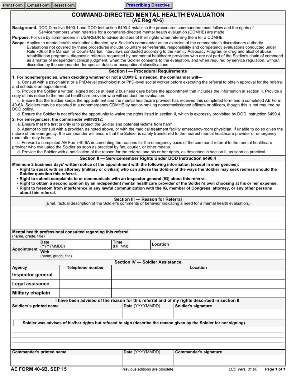 AE Form 40-6B Command-Directed Mental Health Evaluation, Page 1