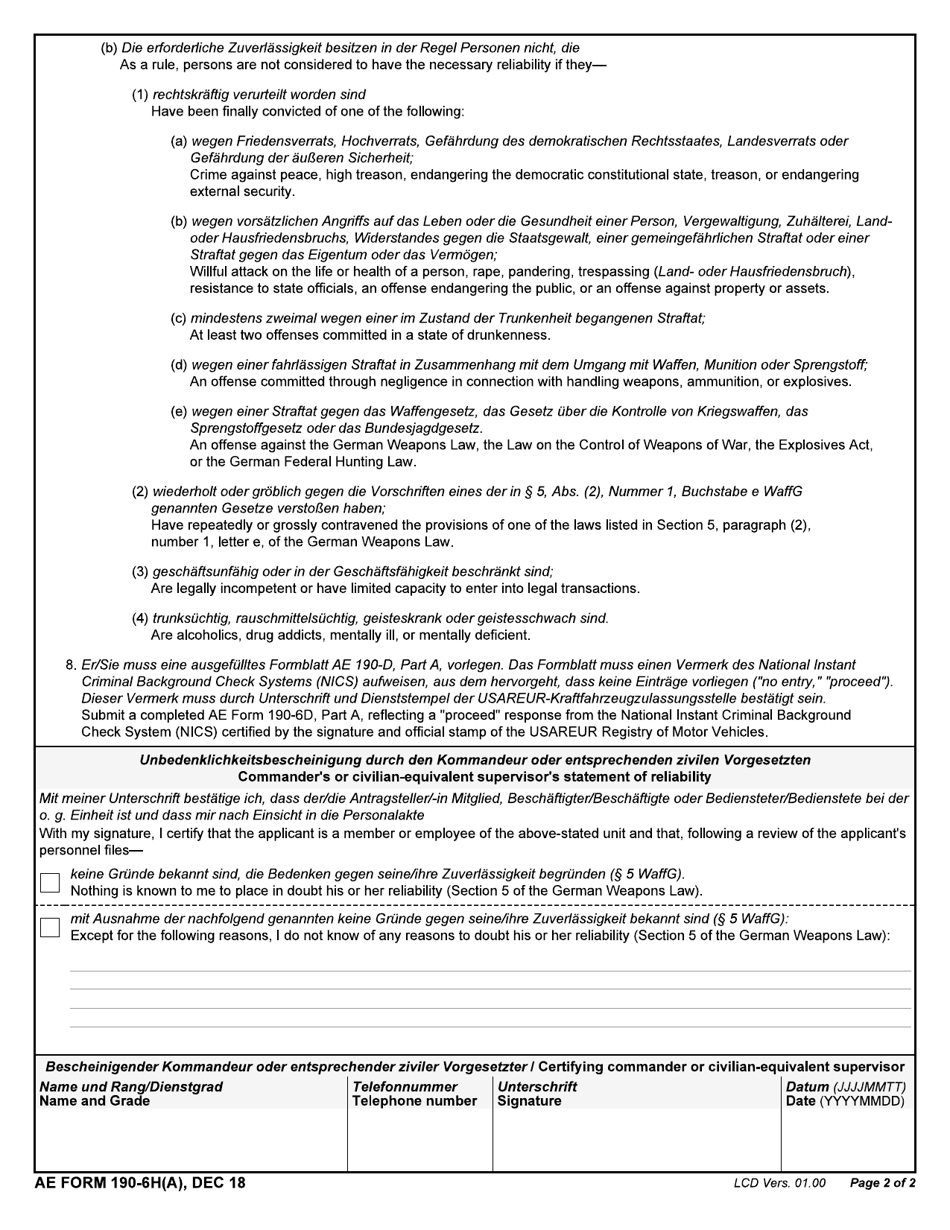 AE Form 190-6H(A) Commanders Statement of Reliabiilty (English / German), Page 2