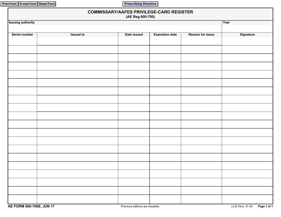 AE Form 600-700E Commissary / Aafes Privilege-Card Register, Page 1