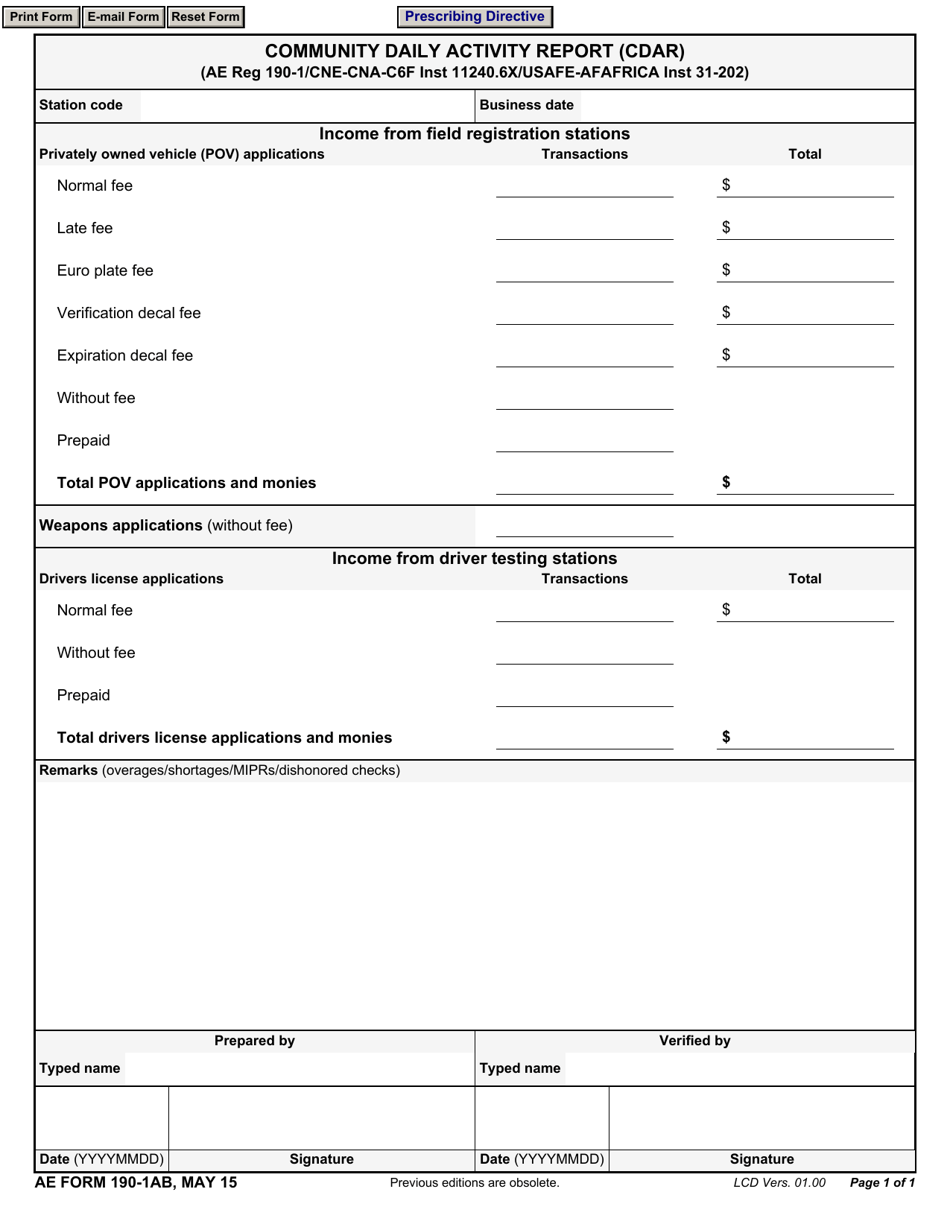 AE Form 190-1AB Community Daily Activity Report (Cdar), Page 1