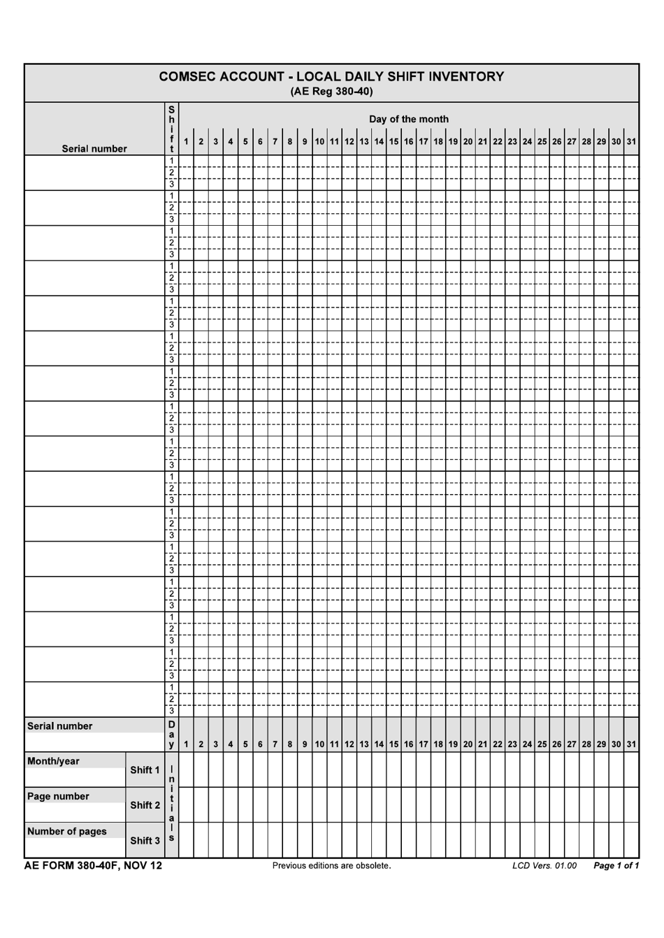 AE Form 380-40F Comsec Account - Local Daily Shift Inventory, Page 1