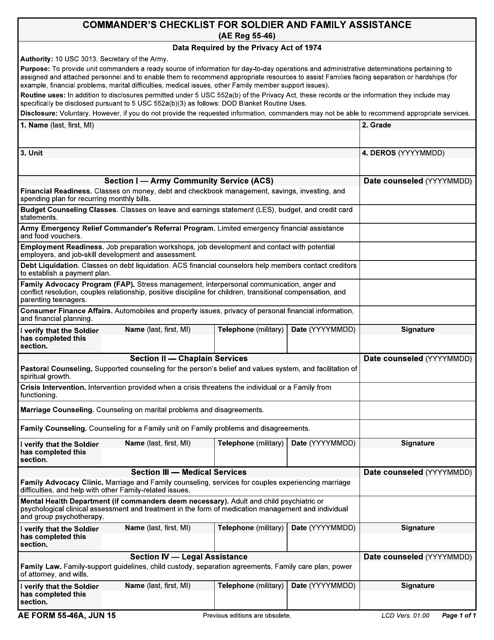 AE Form 55-46A Commander's Checklist for Soldier and Family Assistance