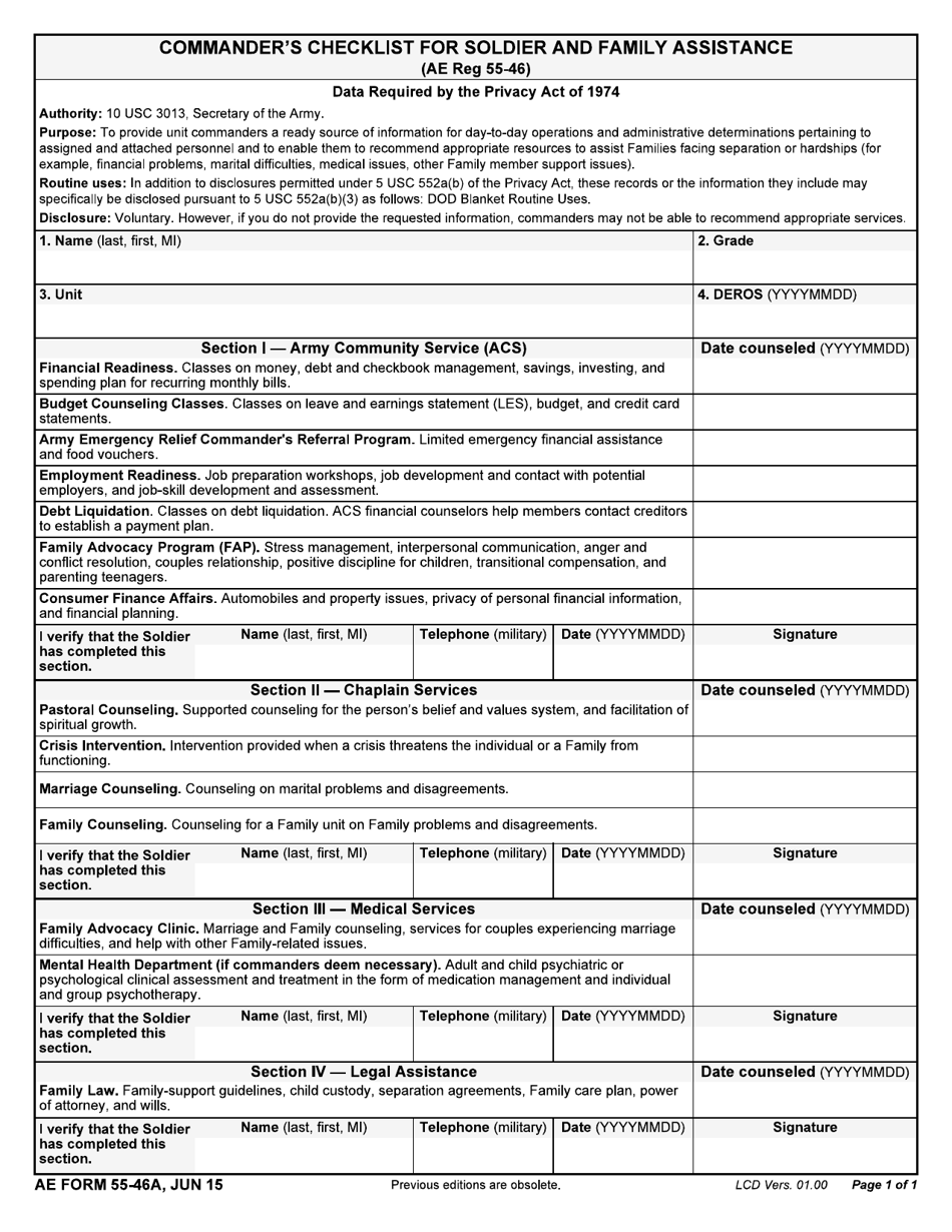 AE Form 55-46A Commanders Checklist for Soldier and Family Assistance, Page 1