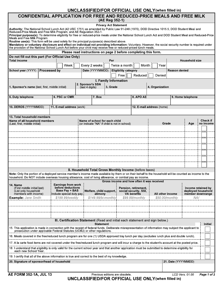 AE Form 352-1A Confidential Application for Free and Reduced-Price Meals and Free Milk, Page 1