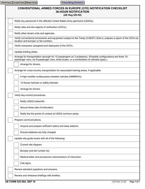 AE Form 525-50A Conventional Armed Forces in Europe (Cfe) Notification Checklist - 36-hour Notification