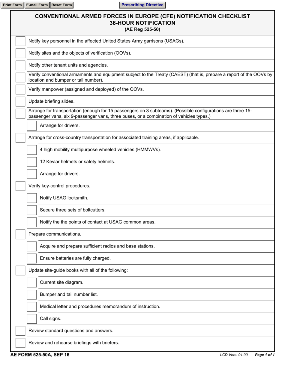 AE Form 525-50A Conventional Armed Forces in Europe (Cfe) Notification Checklist - 36-hour Notification, Page 1