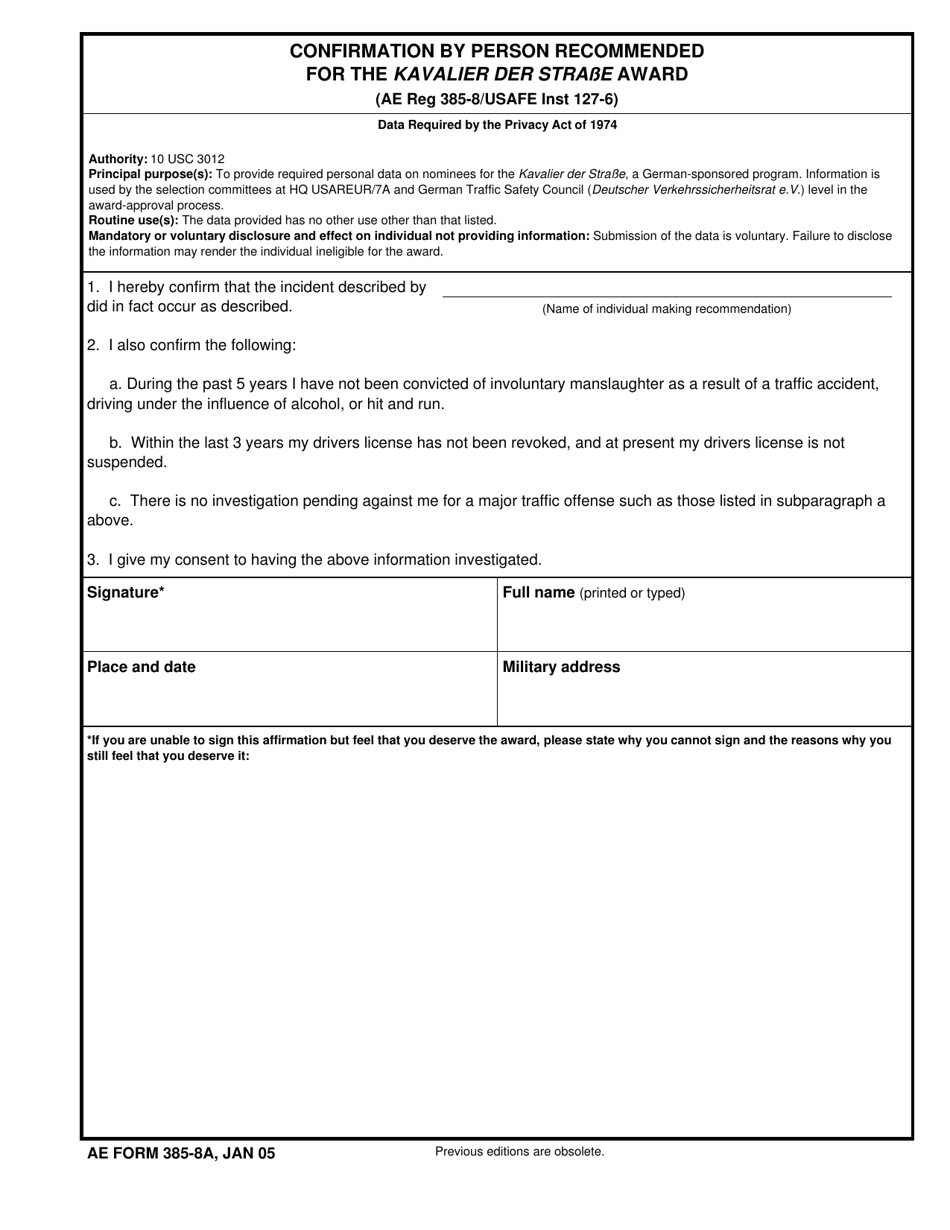 AE Form 385-8A Confirmation by Person Recommended for the Kavalier Der Strabe Award, Page 1