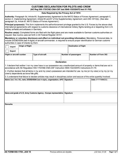AE Form 550-175H Customs Declaration for Pilots and Crew