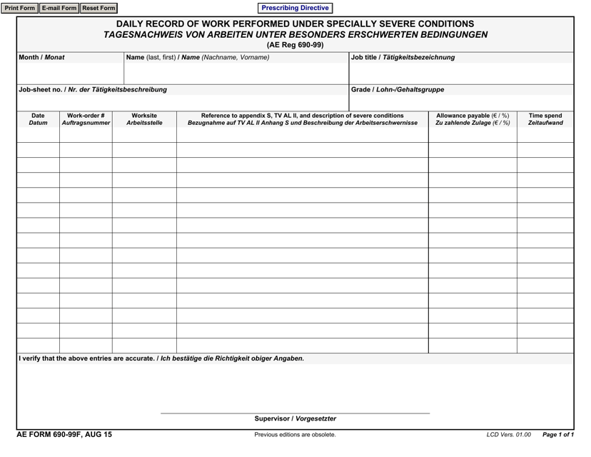 AE Form 690-99F Daily Record of Work Performed Under Specially Severe Conditions (English/German)