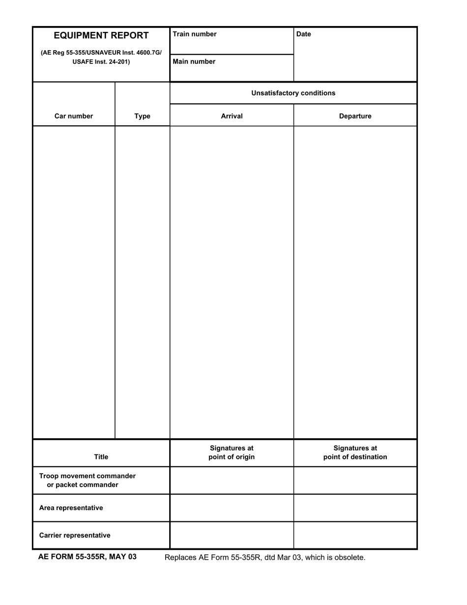 AE Form 55-355R Equipment Report, Page 1