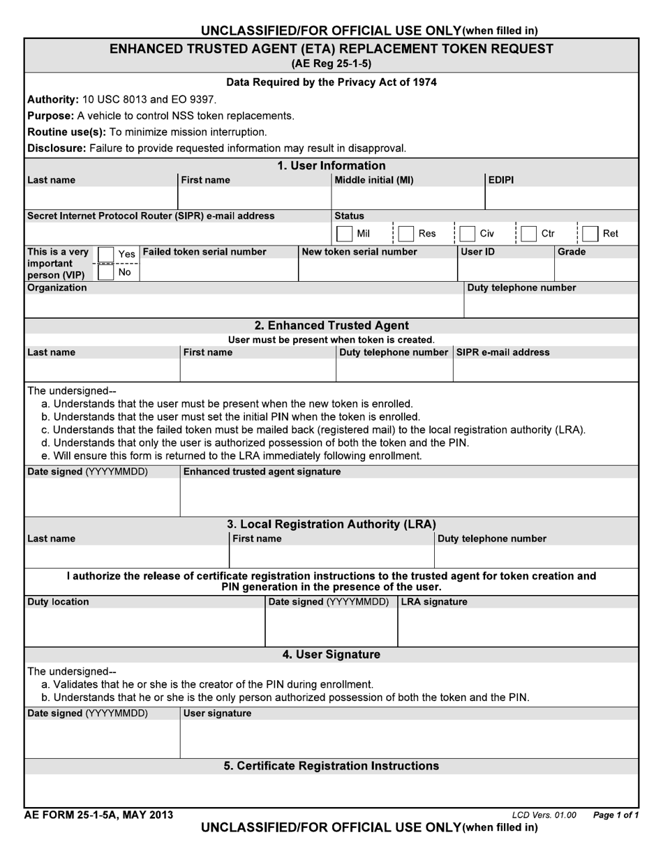 AE Form 25-1-5A Enhanced Trusted Agent (ETA) Replacement Token Request, Page 1