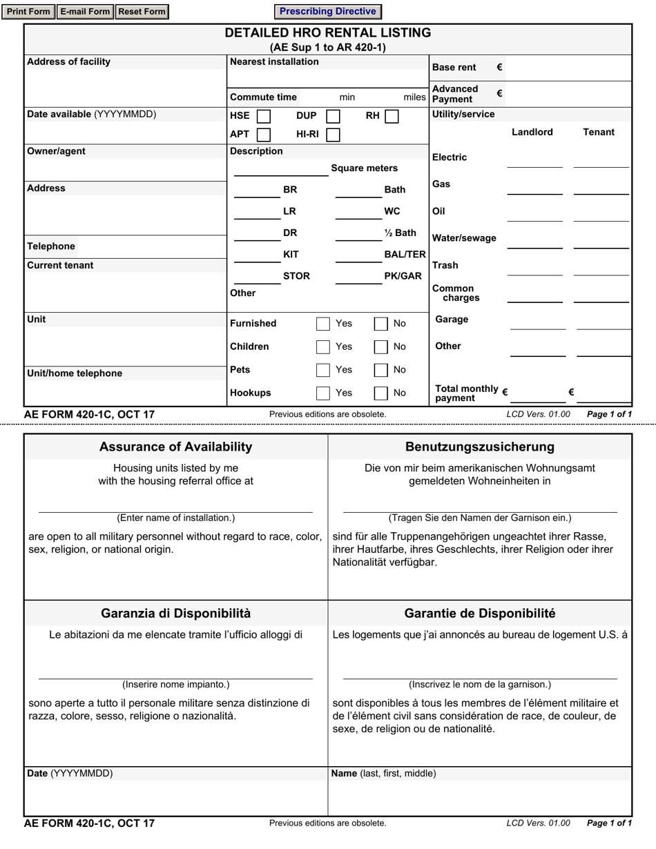 AE Form 420-1C Detailed Hro Rental Listing (English / Italian / French / German), Page 1