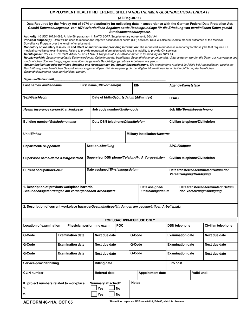 AE Form 40-11A Employment Health Reference Sheet (English / German), Page 1