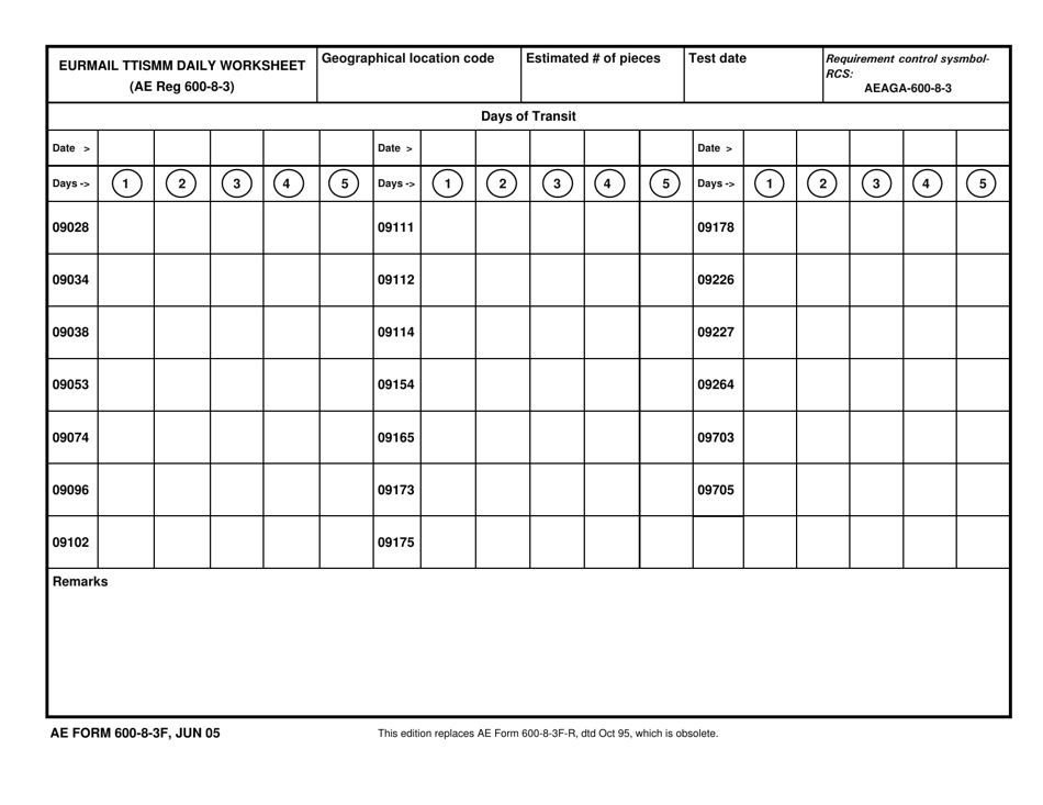 AE Form 600-8-3F Eurmail Ttismm Daily Worksheet, Page 1