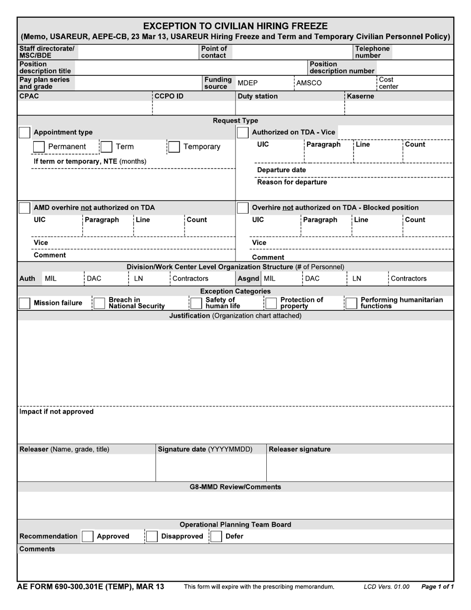 AE Form 690-300.301E (TEMP) Exception to Civilian Hiring Freeze, Page 1