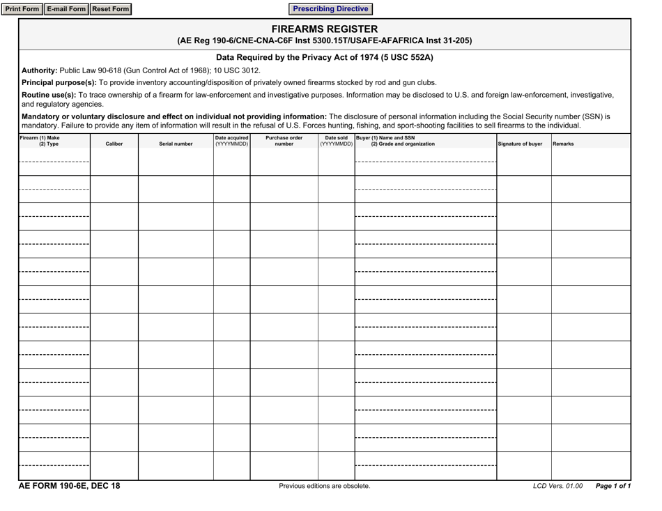 AE Form 190-6E Firearms Register, Page 1