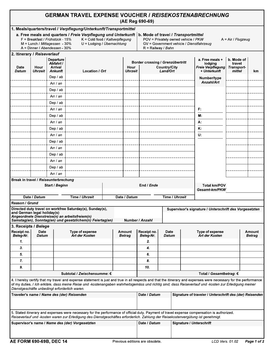 AE Form 690-69B German Travel Expense Voucher (English / German), Page 1