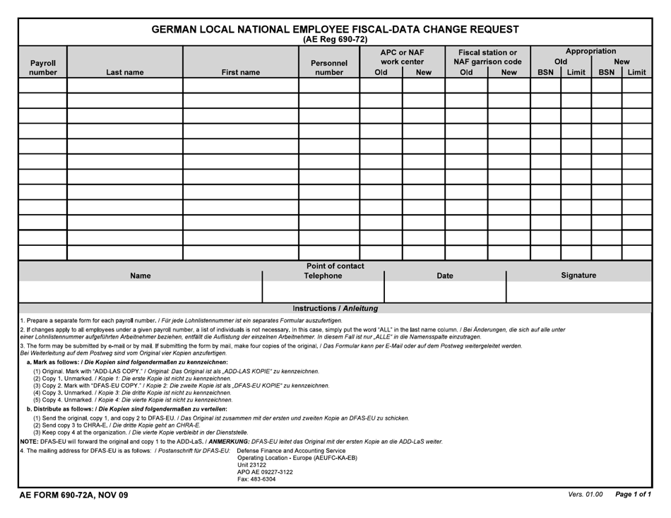 AE Form 690-72A German Local National Employee Fiscal-Data Change Request (English / German), Page 1