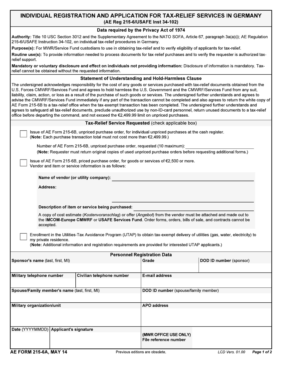 AE Form 215-6A Individual Registration and Application for Tax-Relief Services in Germany, Page 1
