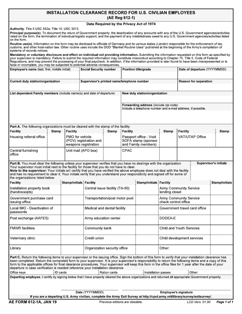 AE Form 612-1A Installation Clearance Record for U.S. Civilian Employees