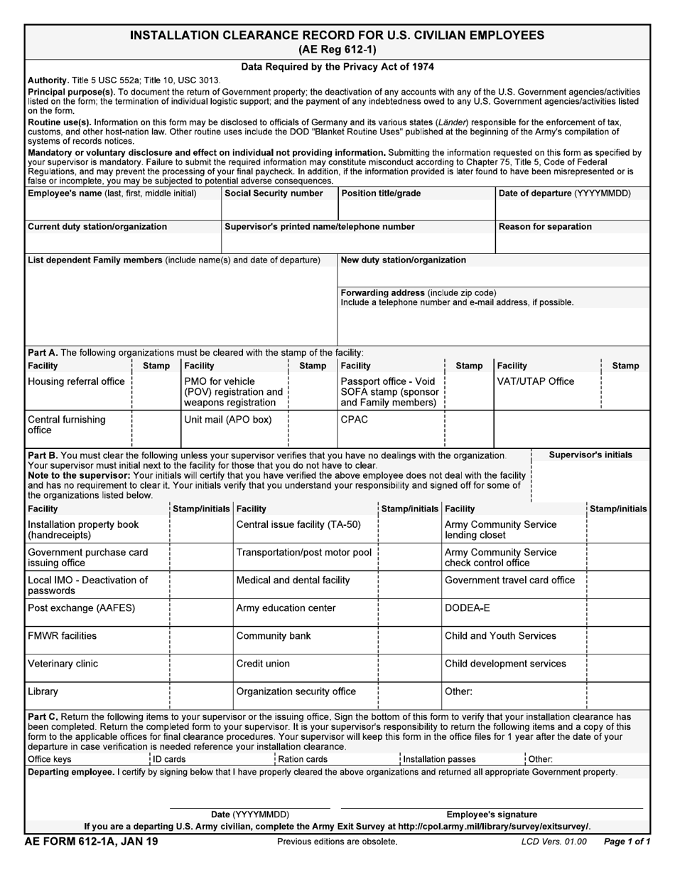 AE Form 612-1A Installation Clearance Record for U.S. Civilian Employees, Page 1