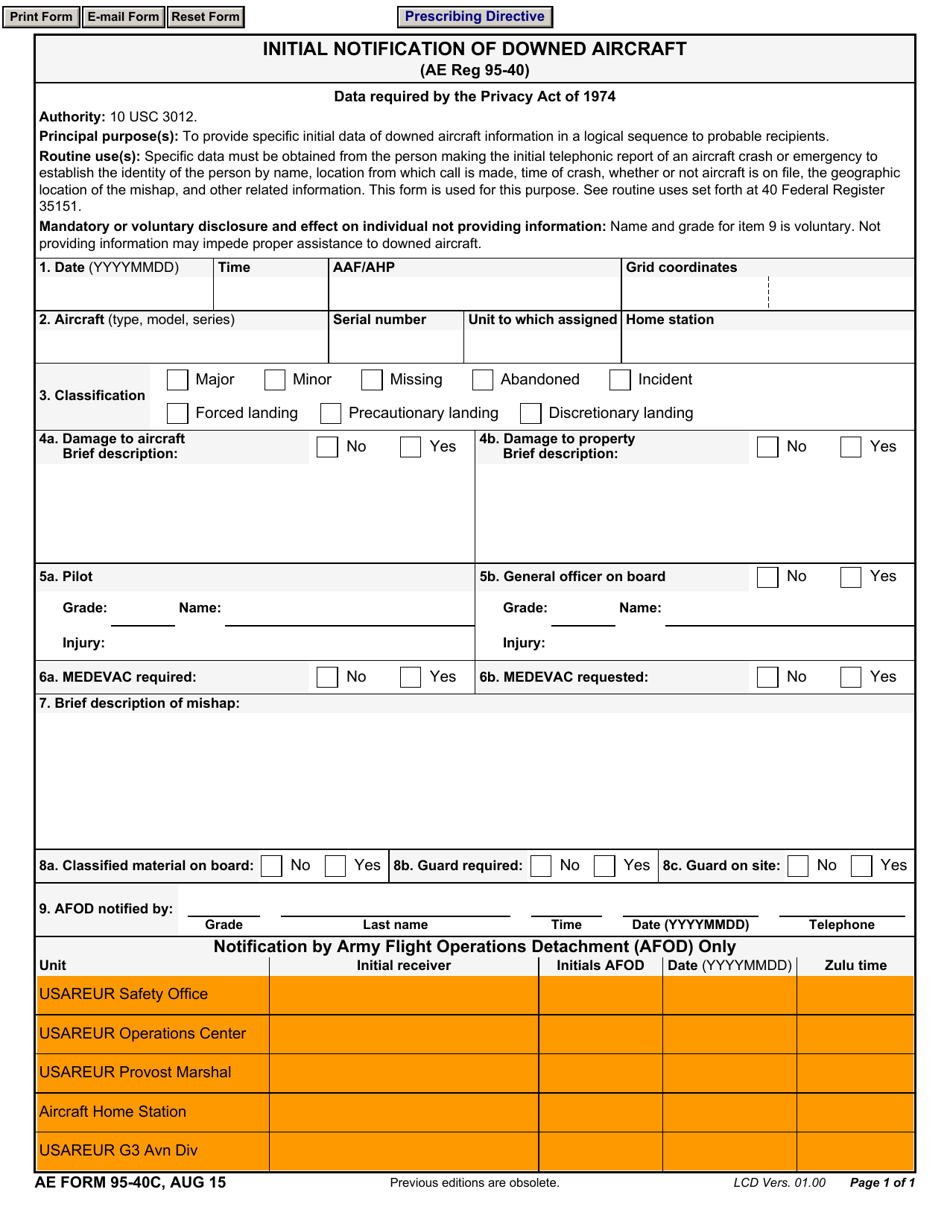 AE Form 95-40C Initial Notification of Downed Aircraft, Page 1