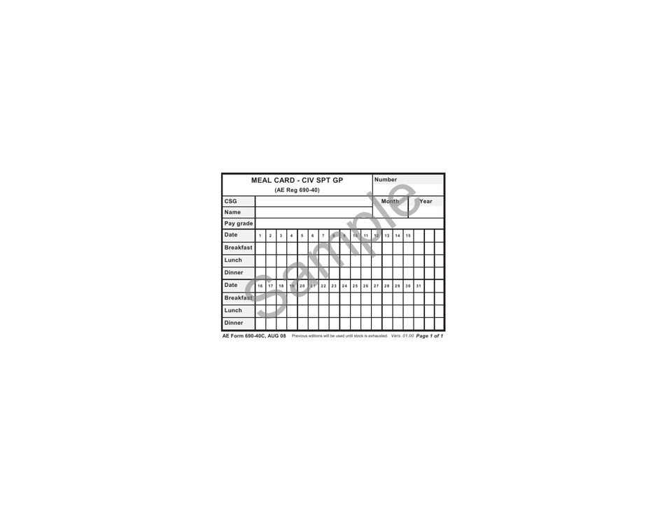 AE Form 690-40C Meal Card - Civ Spt Gp, Page 1