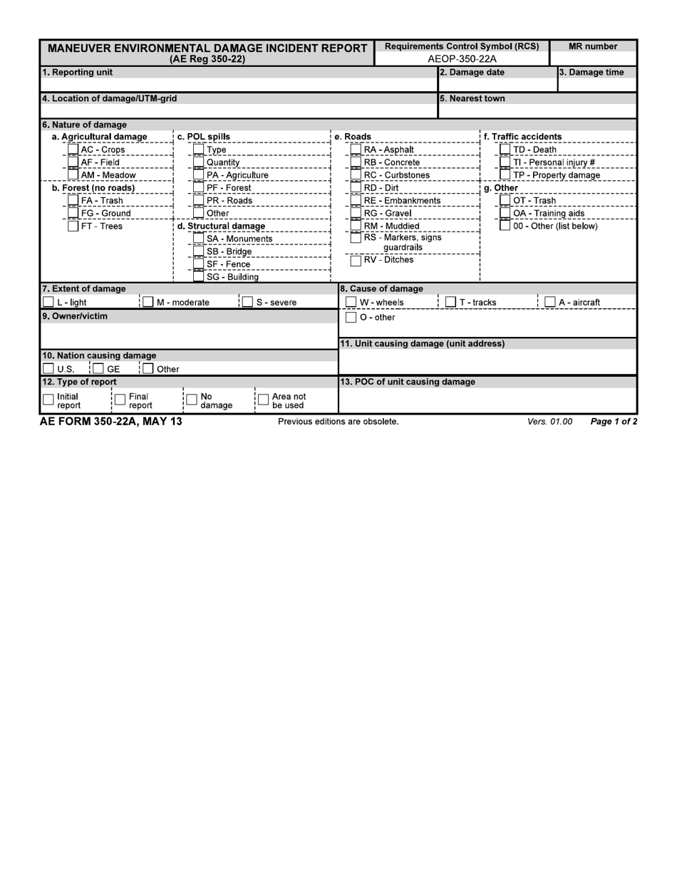 AE Form 350-22A Maneuver Environmental Damage Incident Report, Page 1