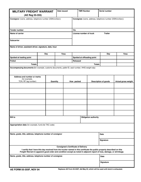 AE Form 55-355F Military Freight Warrant