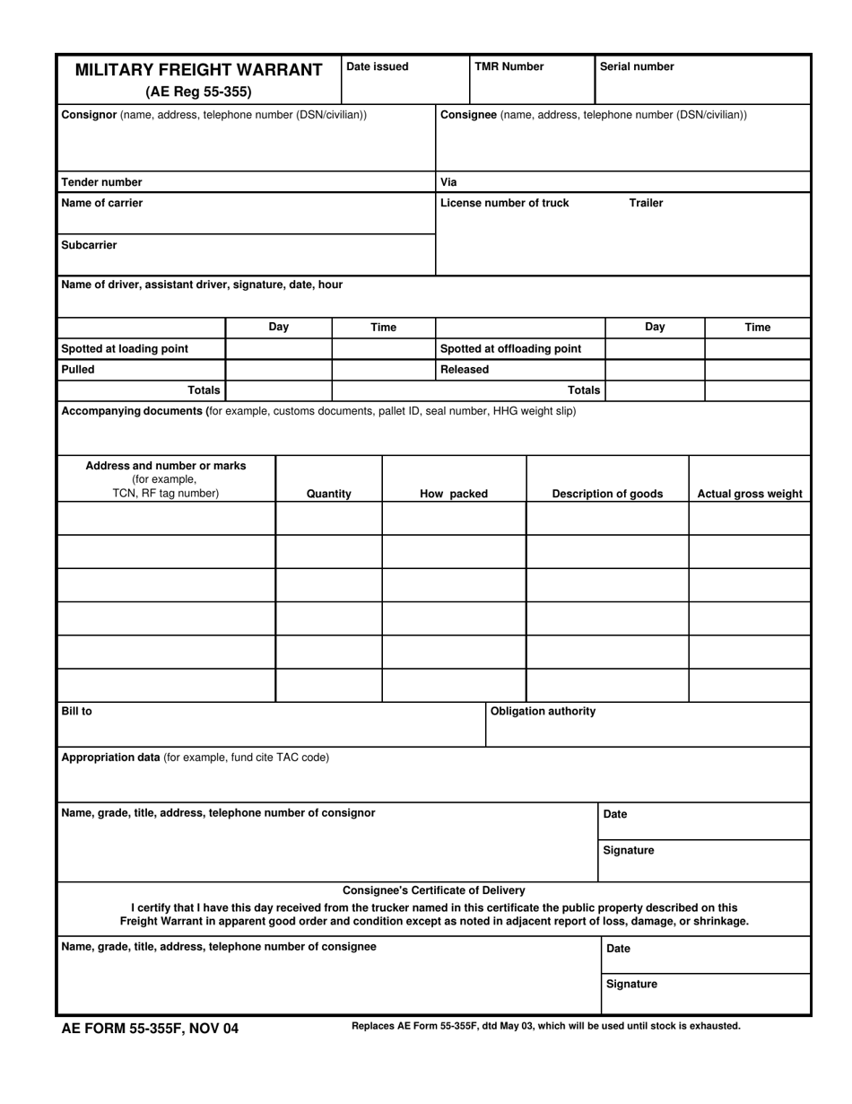 AE Form 55-355F Military Freight Warrant, Page 1
