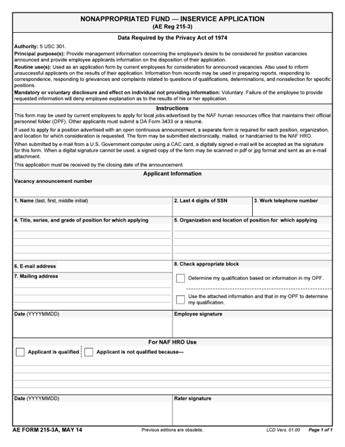 AE Form 215-3A Nonappropriated Fund - Inservice Application