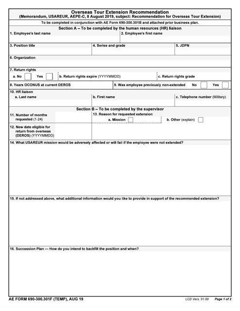 AE Form 690-300.301F (TEMP) Overseas Tour Extension Recommendation